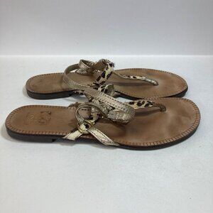 Lilly Pulitzer Leopard Print Gold Leather Sandals 8 Womens Flat Strappy Shoes